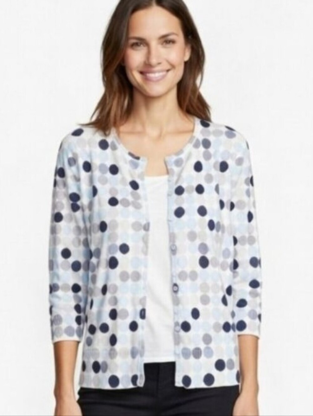 Ann Taylor Blue Gray White Circle Polka Dot Cardigan Sweater Petite Medium